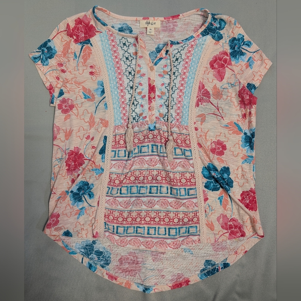 Style & Co Boho Embroidered Short Sleeve Top